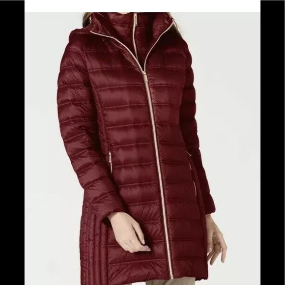 Michael Kors packable down jacket puffer coat hooded dark brandy M
